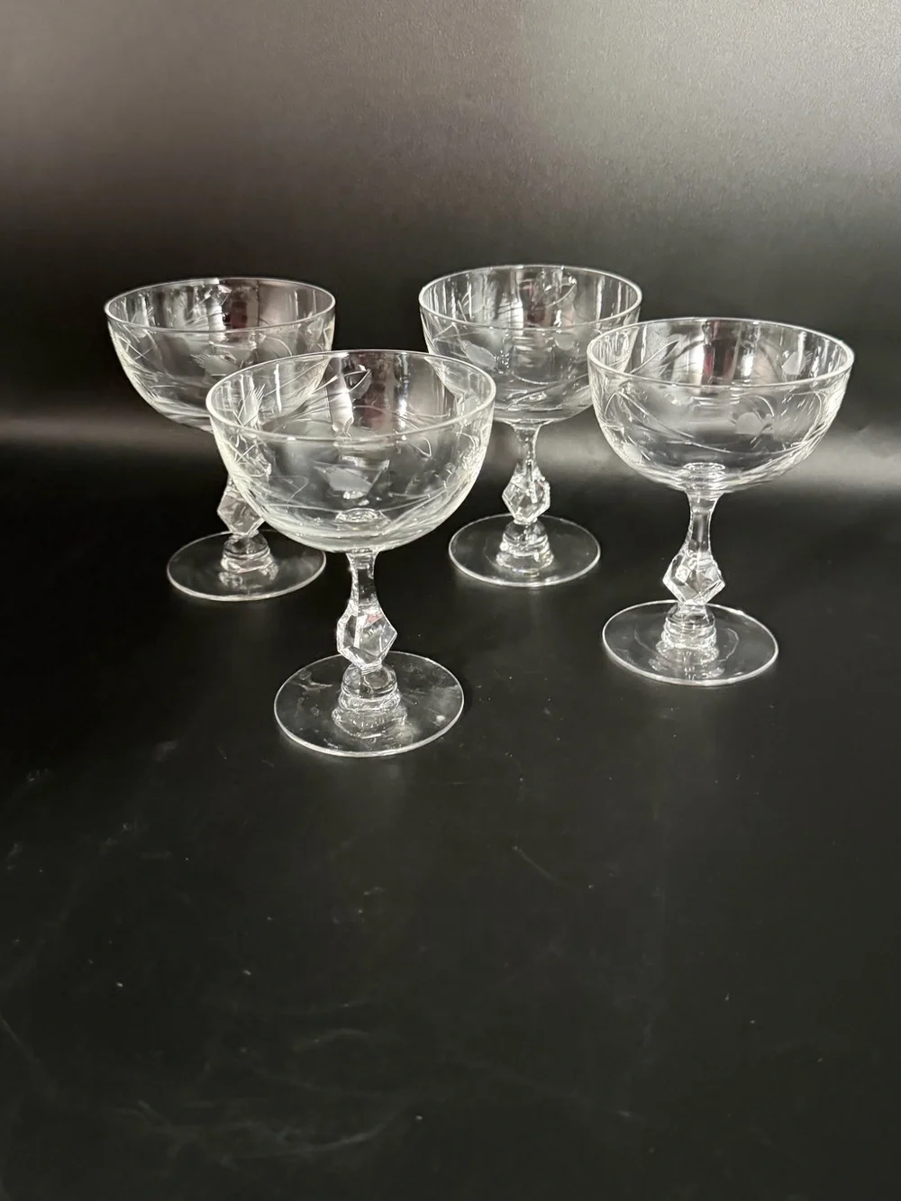 Vintage Etched Crystal Champagne Tall Sherbet Glasses Faceted Stem Set of 4